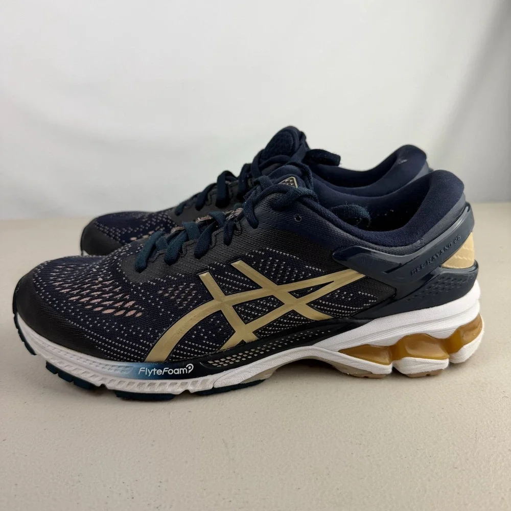 Asics Gel Kayano Womes 26 Navy Blue Gold Running Shoes 1012A459 Sz 10.5